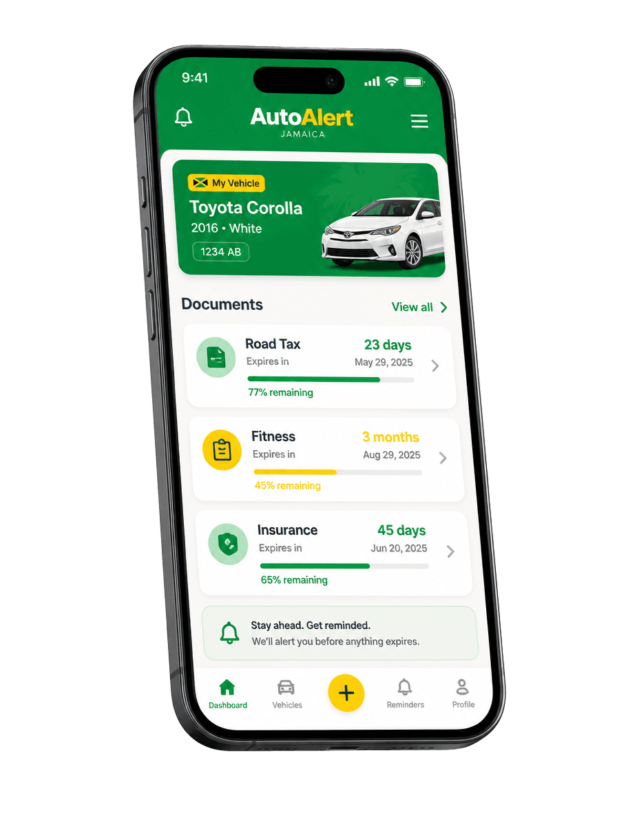 Auto Alert Jamaica.com app showing Registration, Fitness and Insurance expiry reminders
